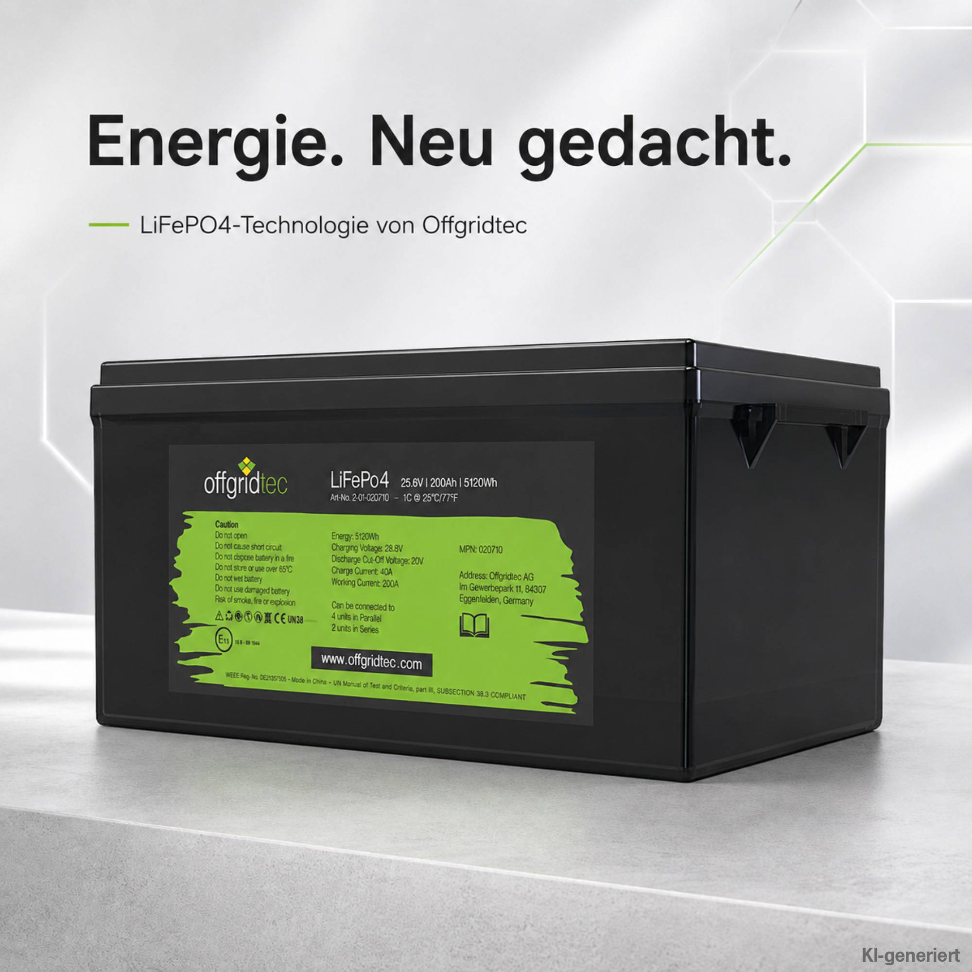 Schwarze Offgridtec LiFePO4-Batterie auf hellgrauem Hintergrund mit der deutschen Überschrift „Energie. Neu gedacht.