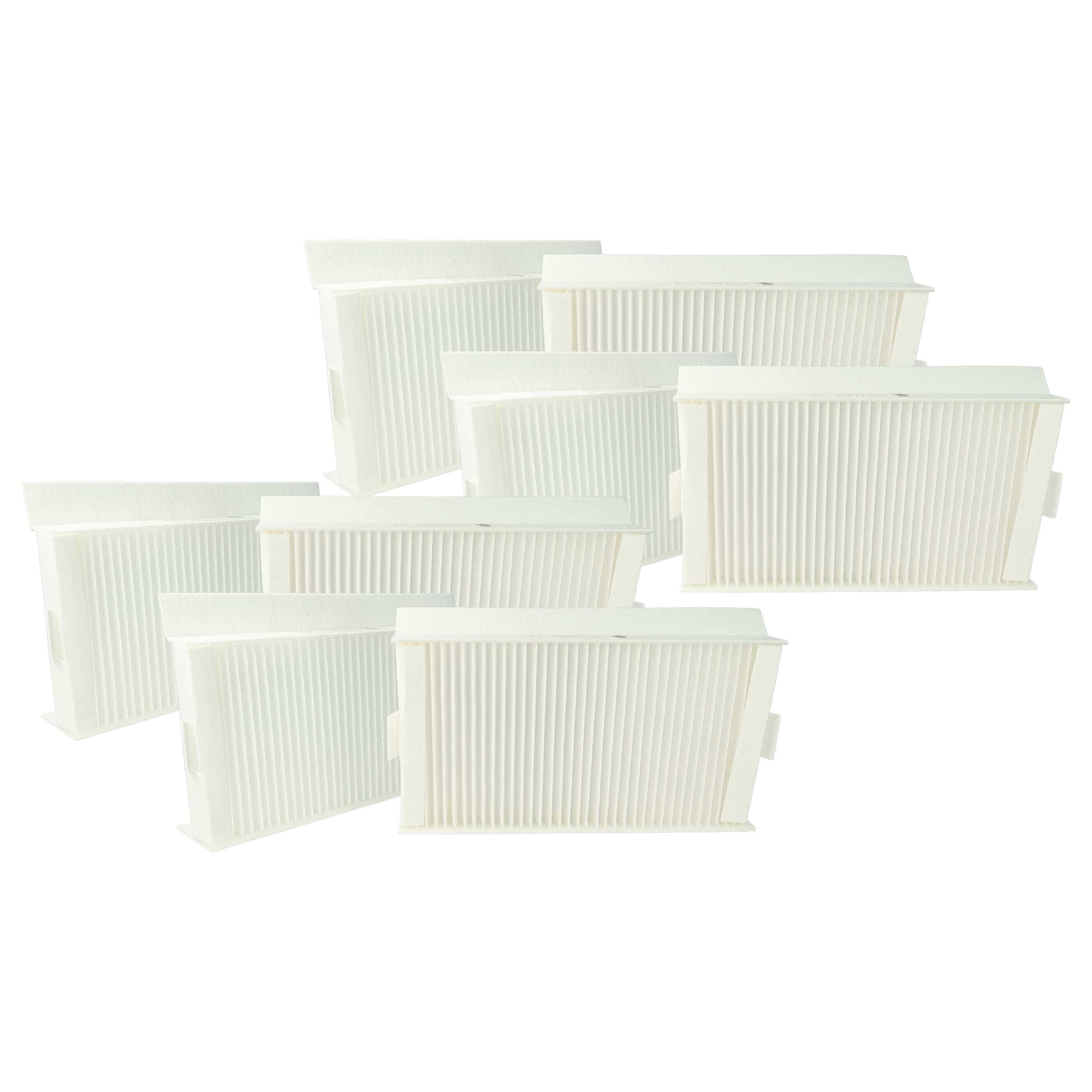 Gruppe von weißen gefalteten rechteckigen Luftfiltern oder HVAC-Filtereinsätzen in überlappenden Reihen auf weißem Hintergrund angeordnet.
