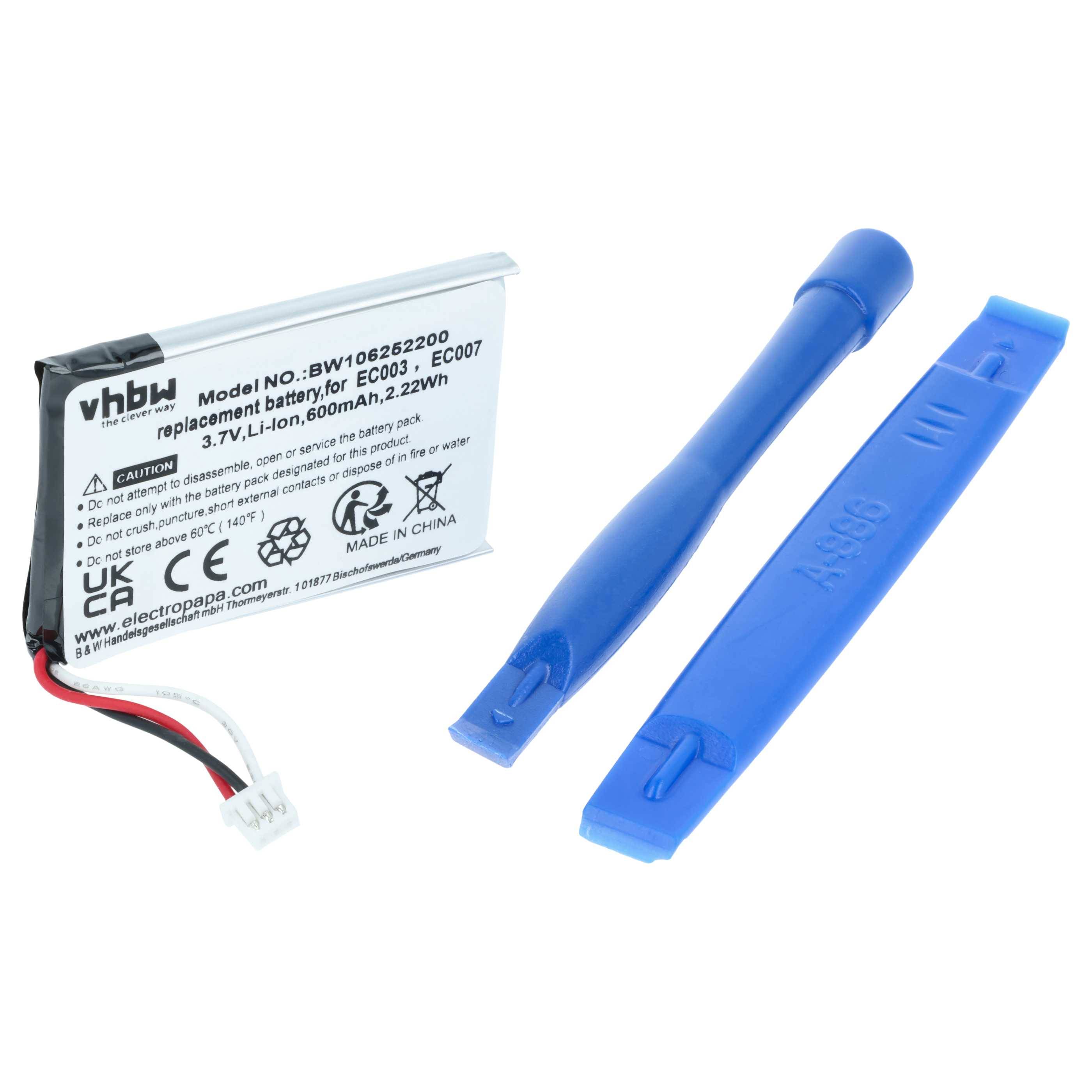 3,7V Li-Ionen-Ersatzbatterie mit Anschluss und zwei blauen Kunststoff-Hebelwerkzeugen auf weißem Hintergrund.