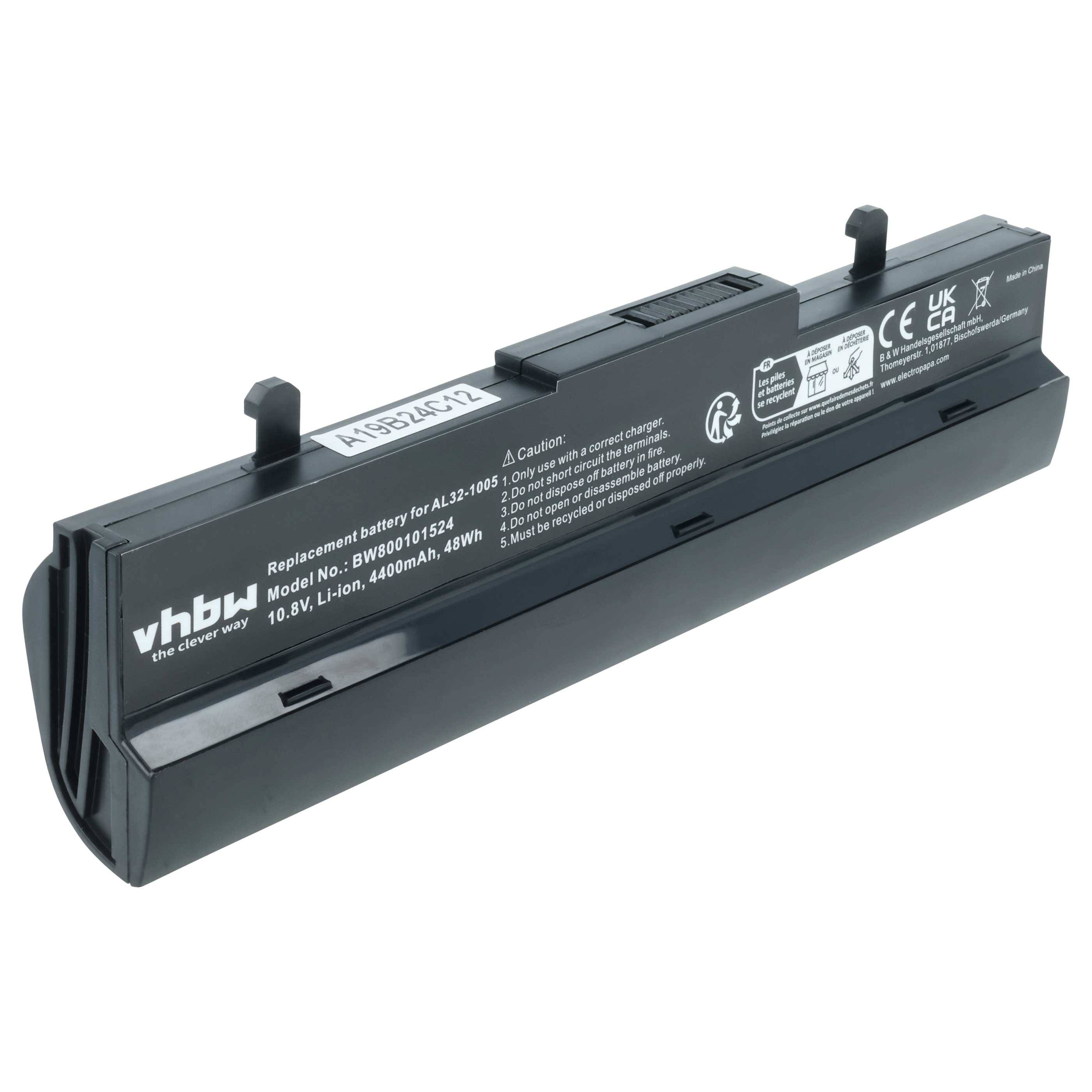 Ein Laptop-Akku mit der Bezeichnung 'vhbw 10,8V Li-ion 4400mAh 48Wh', versehen mit Zertifizierungen und Warnhinweisen, speziell für bestimmte Laptop-Modelle entwickelt.