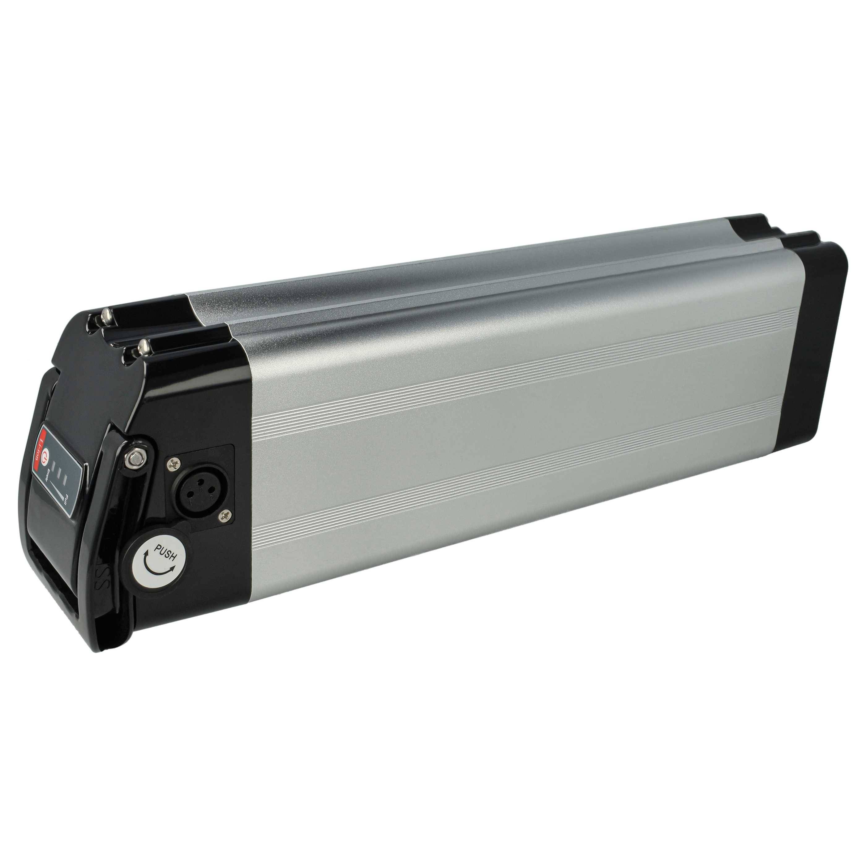 Silberbeständiger zylindrischer Batteriepack mit schwarzen Endkappen und Stromverbinder, gezeigt auf weißem Hintergrund.