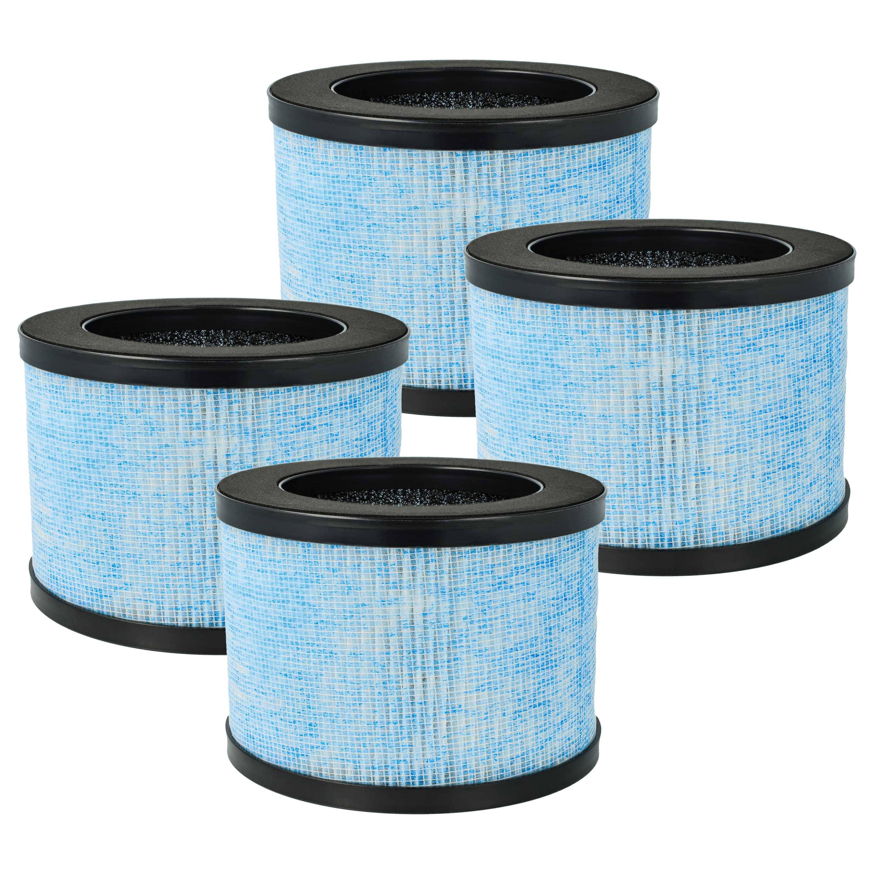Vier zylindrische blaue Luftfilter mit schwarzen Rändern sind vor einem weißen Hintergrund angeordnet.