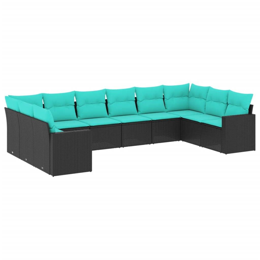vidaXL 10-tlg. Garten-Sofagarnitur mit Kissen Schwarz Poly Rattan
