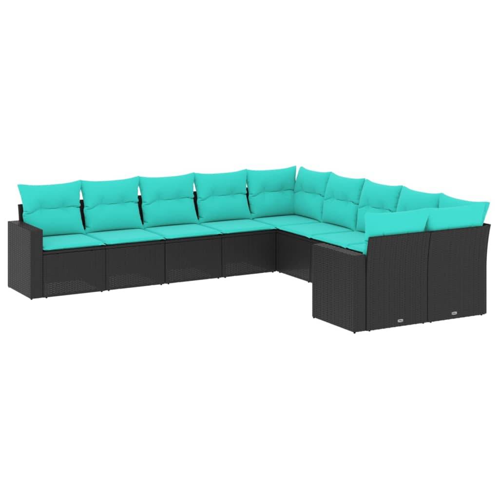 vidaXL 10-tlg. Garten-Sofagarnitur mit Kissen Schwarz Poly Rattan