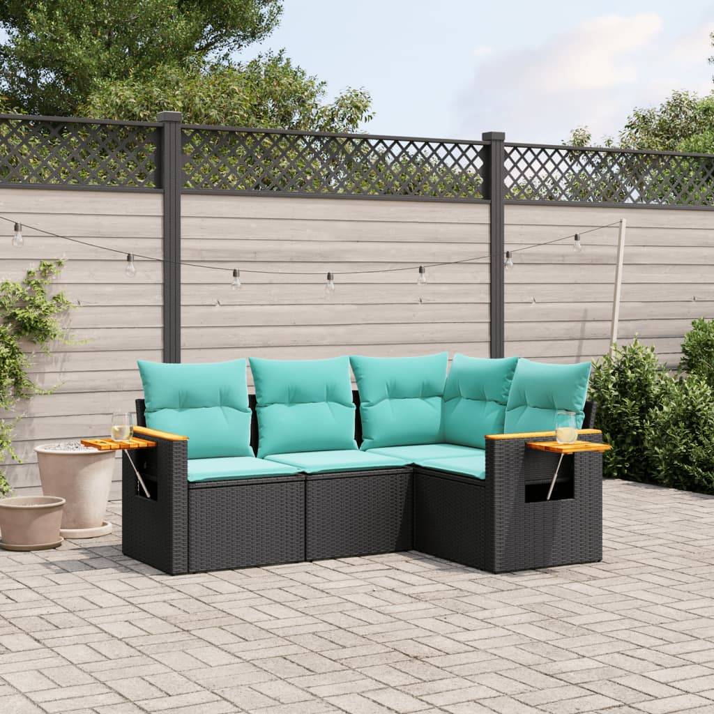 vidaXL 4-tlg. Garten-Sofagarnitur mit Kissen Schwarz Poly Rattan