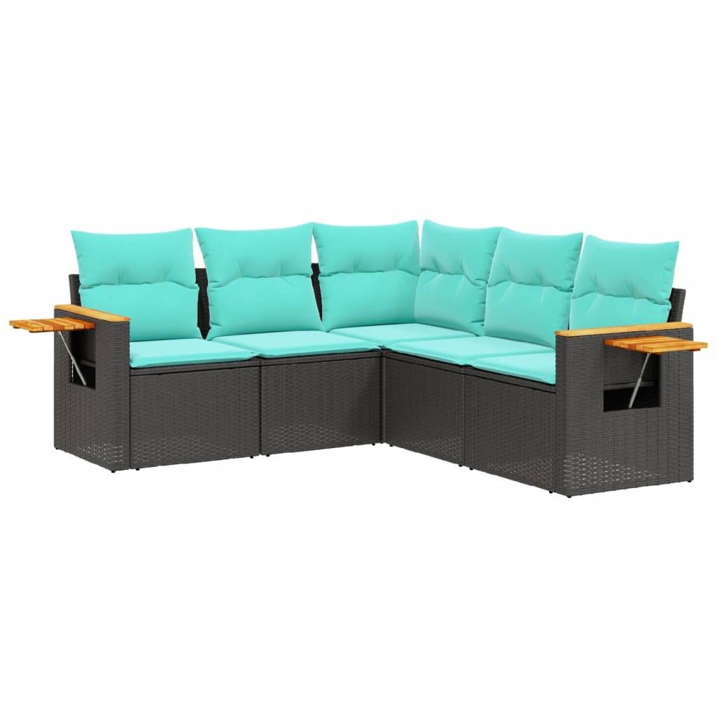 vidaXL 5-tlg. Garten-Sofagarnitur mit Kissen Schwarz Poly Rattan