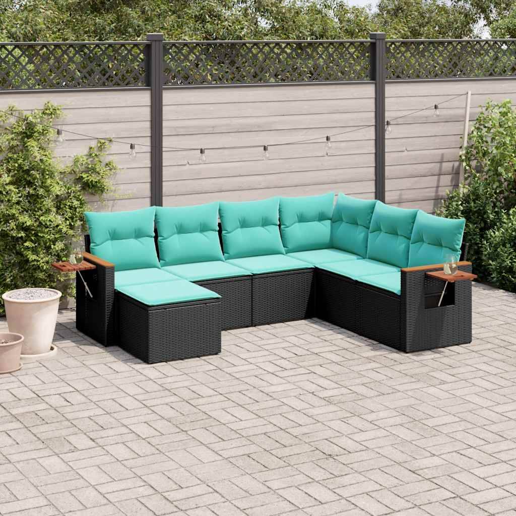 vidaXL 7-tlg. Garten-Sofagarnitur mit Kissen Schwarz Poly Rattan
