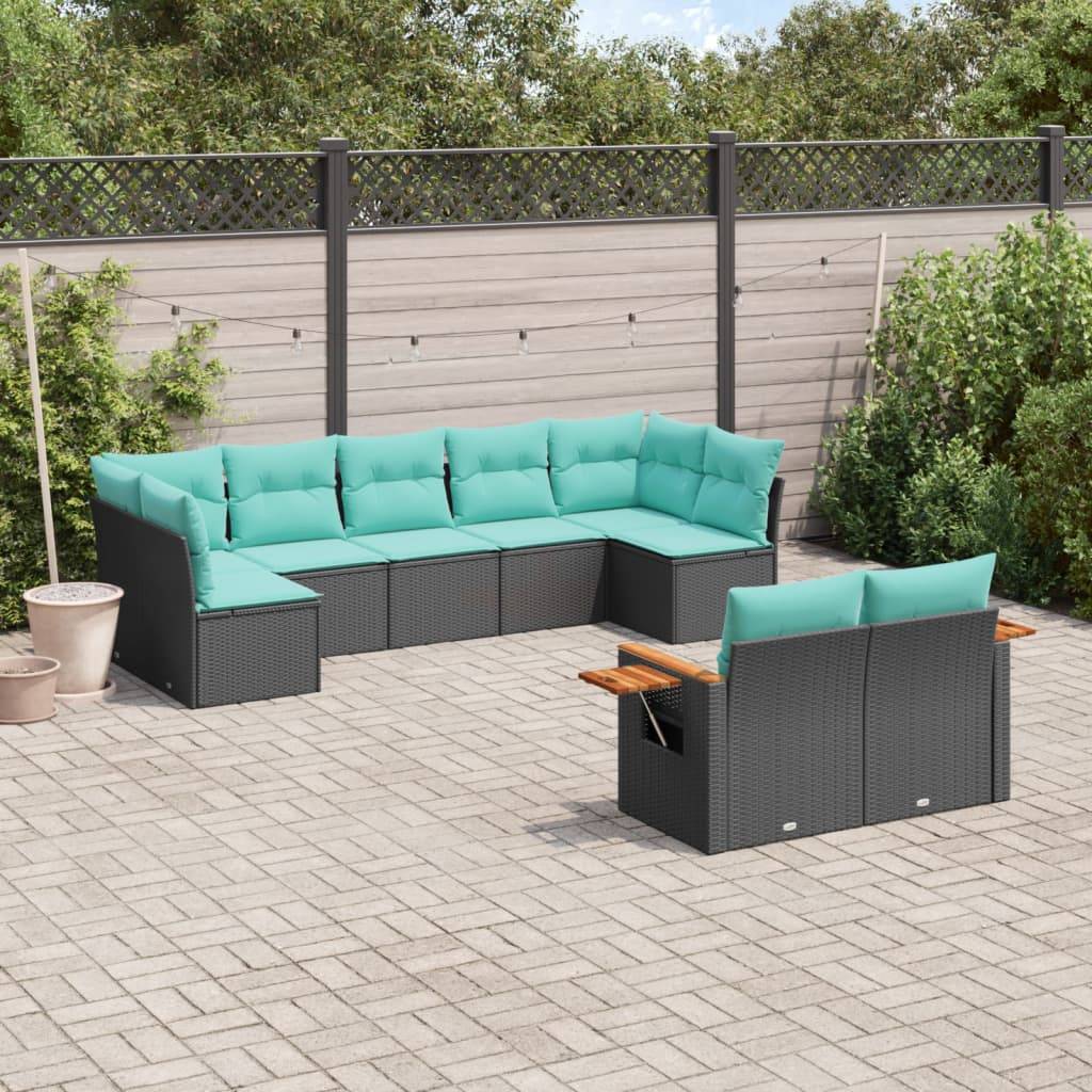 vidaXL 9-tlg. Garten-Sofagarnitur mit Kissen Schwarz Poly Rattan