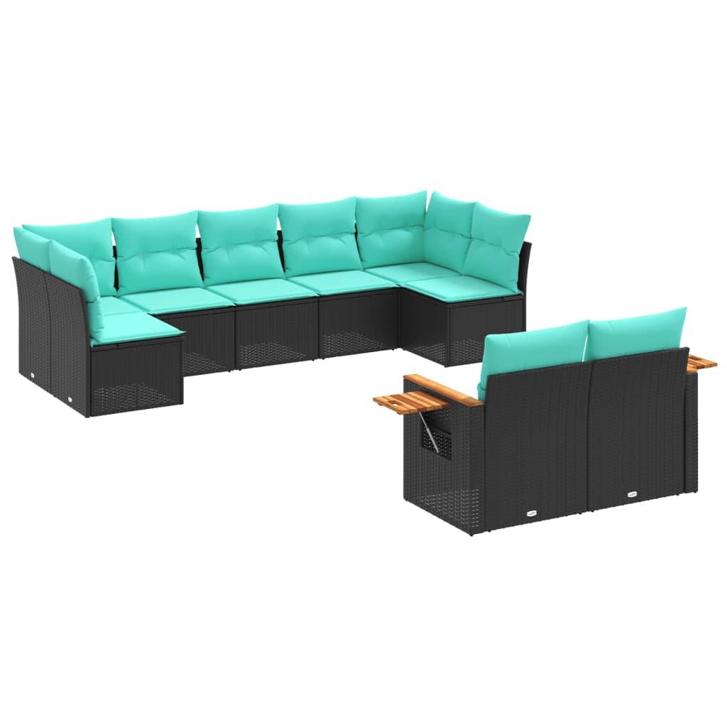 vidaXL 9-tlg. Garten-Sofagarnitur mit Kissen Schwarz Poly Rattan