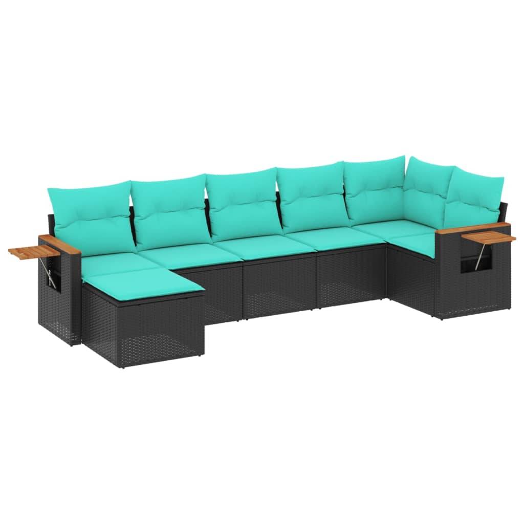 vidaXL 7-tlg. Garten-Sofagarnitur mit Kissen Schwarz Poly Rattan