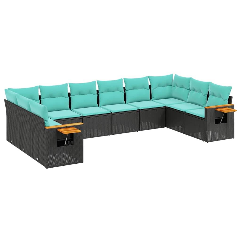 vidaXL 10-tlg. Garten-Sofagarnitur mit Kissen Schwarz Poly Rattan