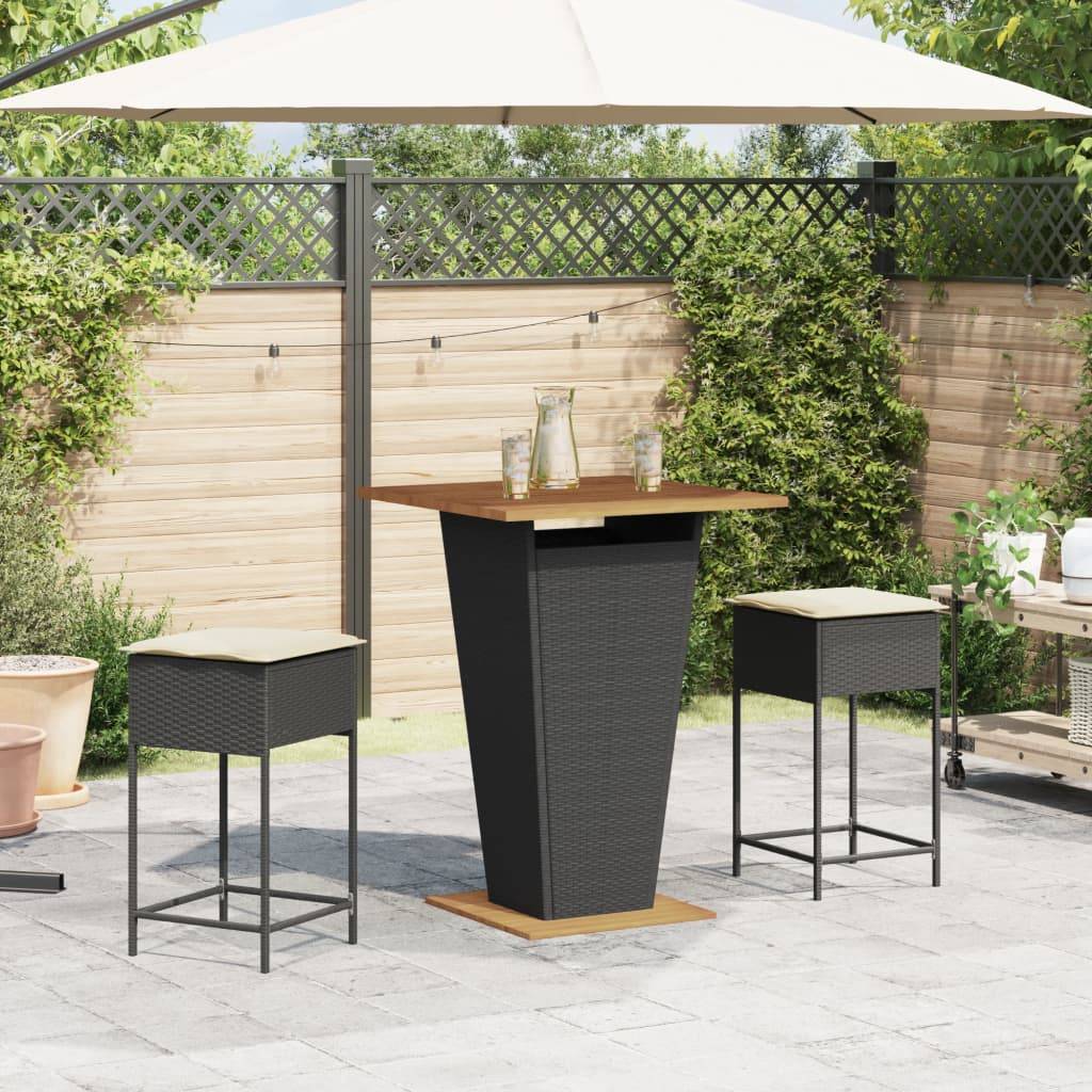 vidaXL 3-tlg. Gartenbar-Set mit Kissen Schwarz Poly Rattan