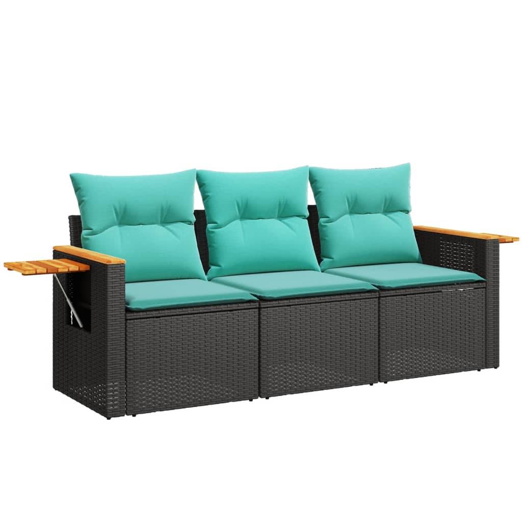 vidaXL 3-tlg. Garten-Sofagarnitur mit Kissen Schwarz Poly Rattan