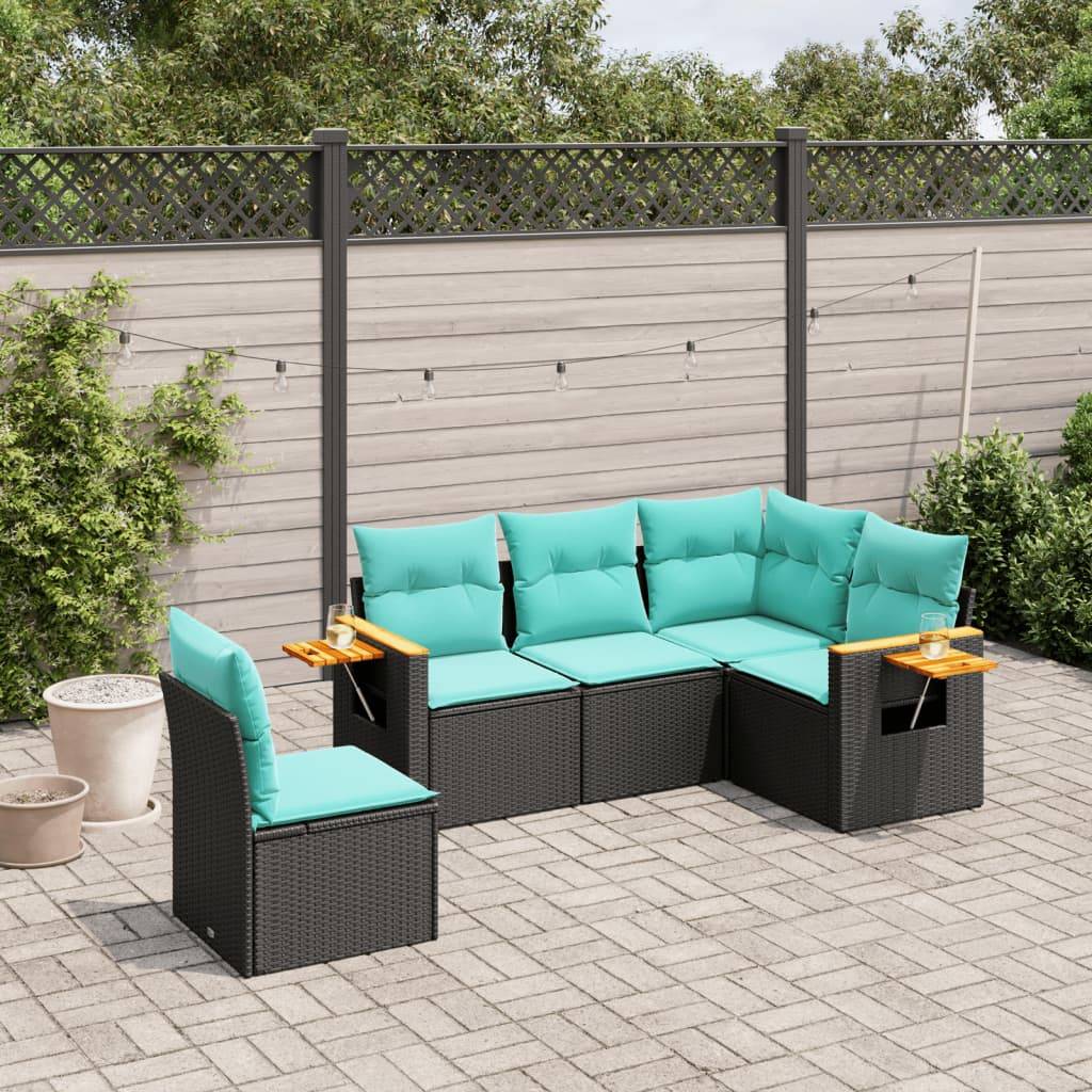 vidaXL 5-tlg. Garten-Sofagarnitur mit Kissen Schwarz Poly Rattan