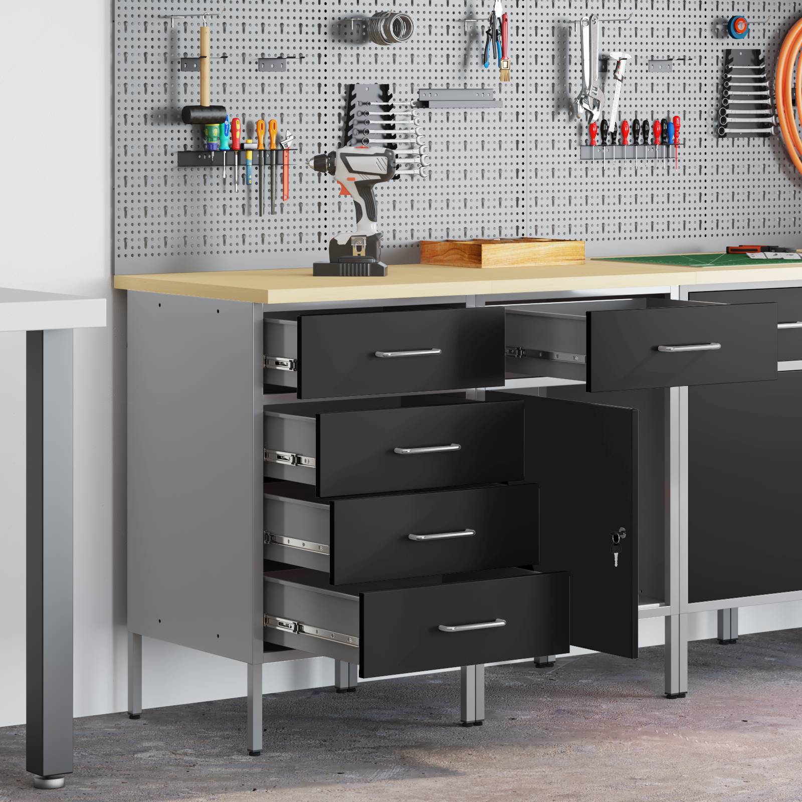 vidaXL 2-teiliges Werkstattschrank-Set in Schwarz und Grau aus Holzwerkstoff und Stahl