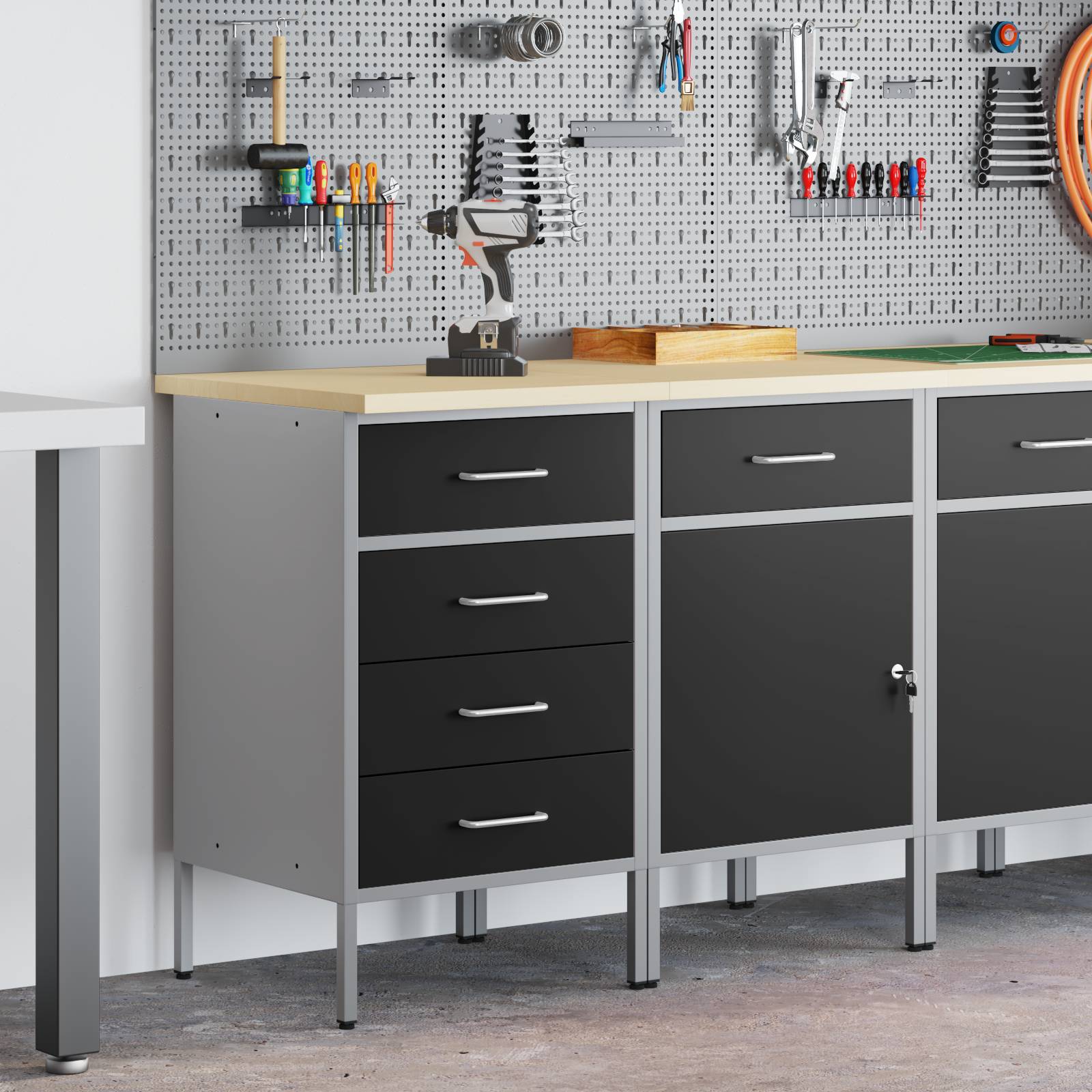 vidaXL 2-teiliges Werkstattschrank-Set in Schwarz und Grau aus Holzwerkstoff und Stahl