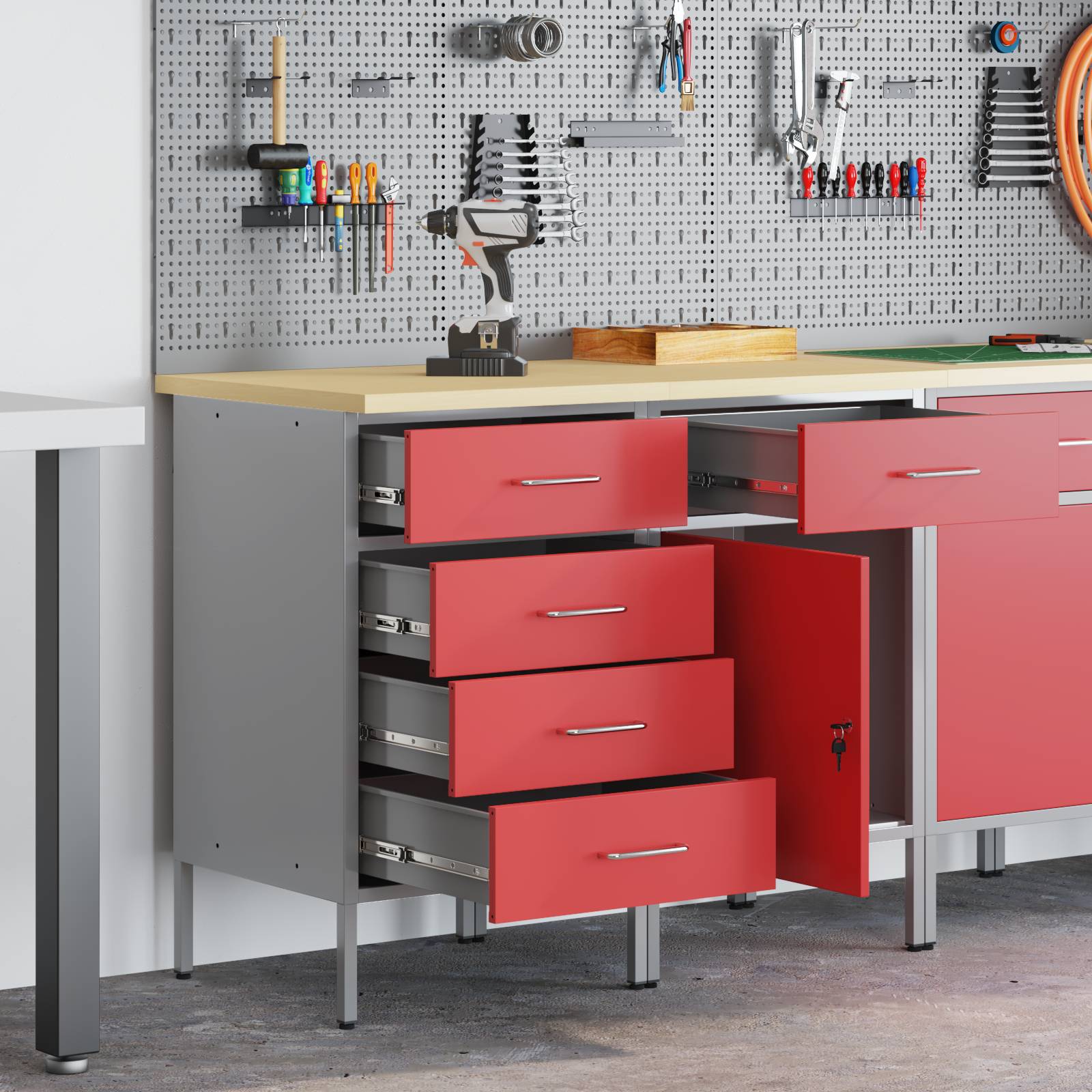 vidaXL Werkstattschränke 2 Stk. Rot und Grau Holzwerkstoff Stahl