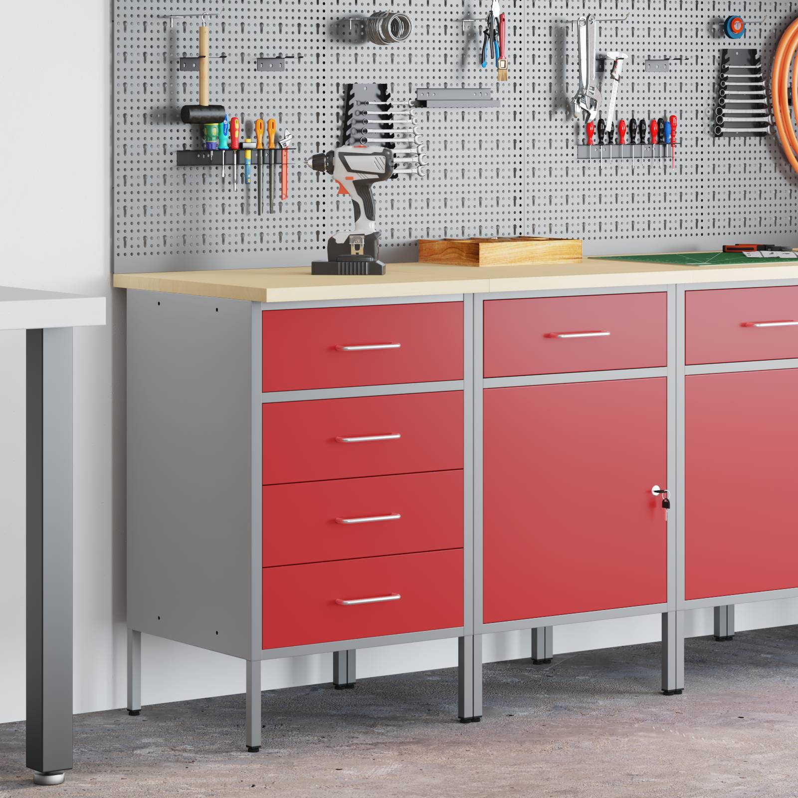 vidaXL Werkstattschränke 2 Stk. Rot und Grau Holzwerkstoff Stahl