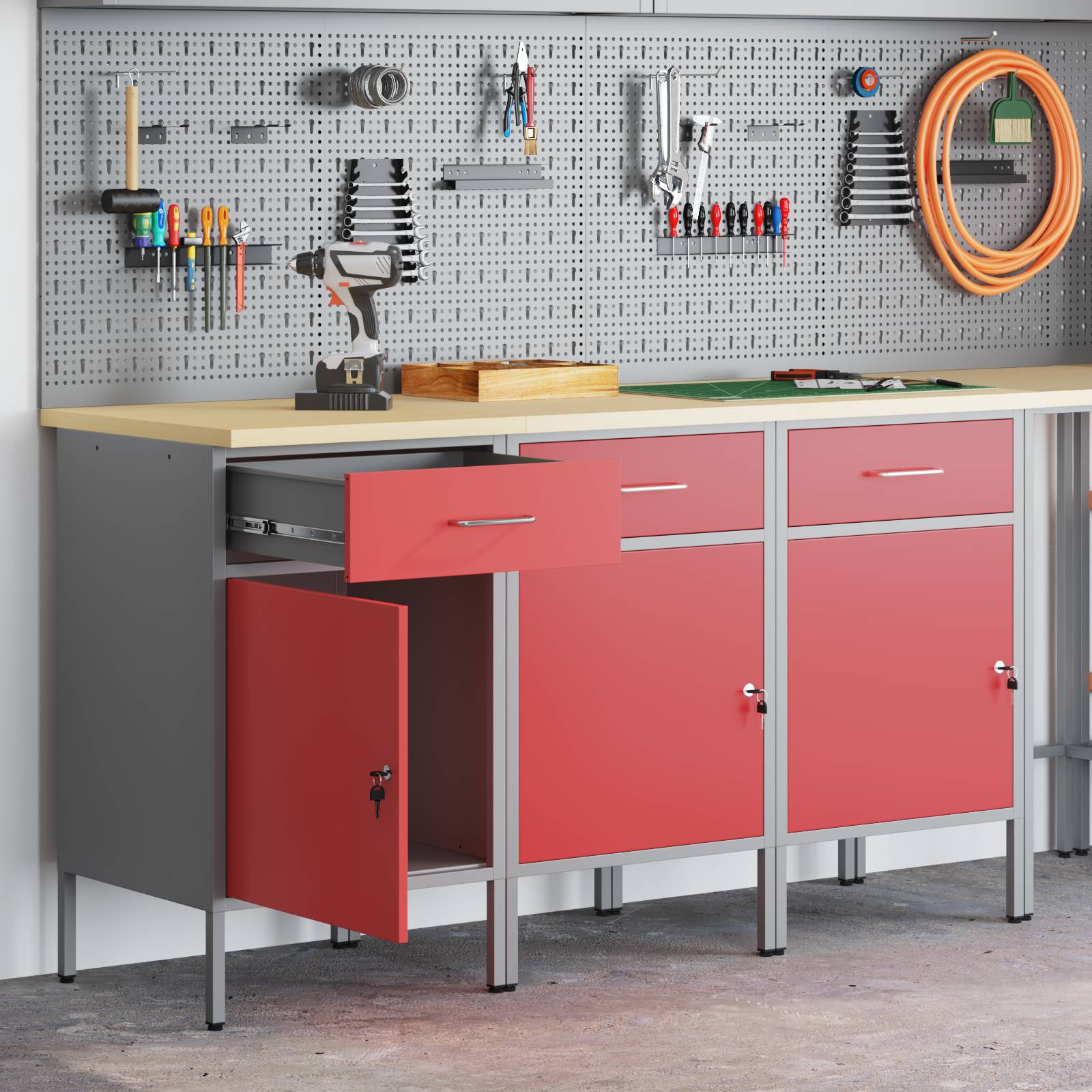 vidaXL Werkstattschränke 3 Stk. Rot und Grau Holzwerkstoff Stahl