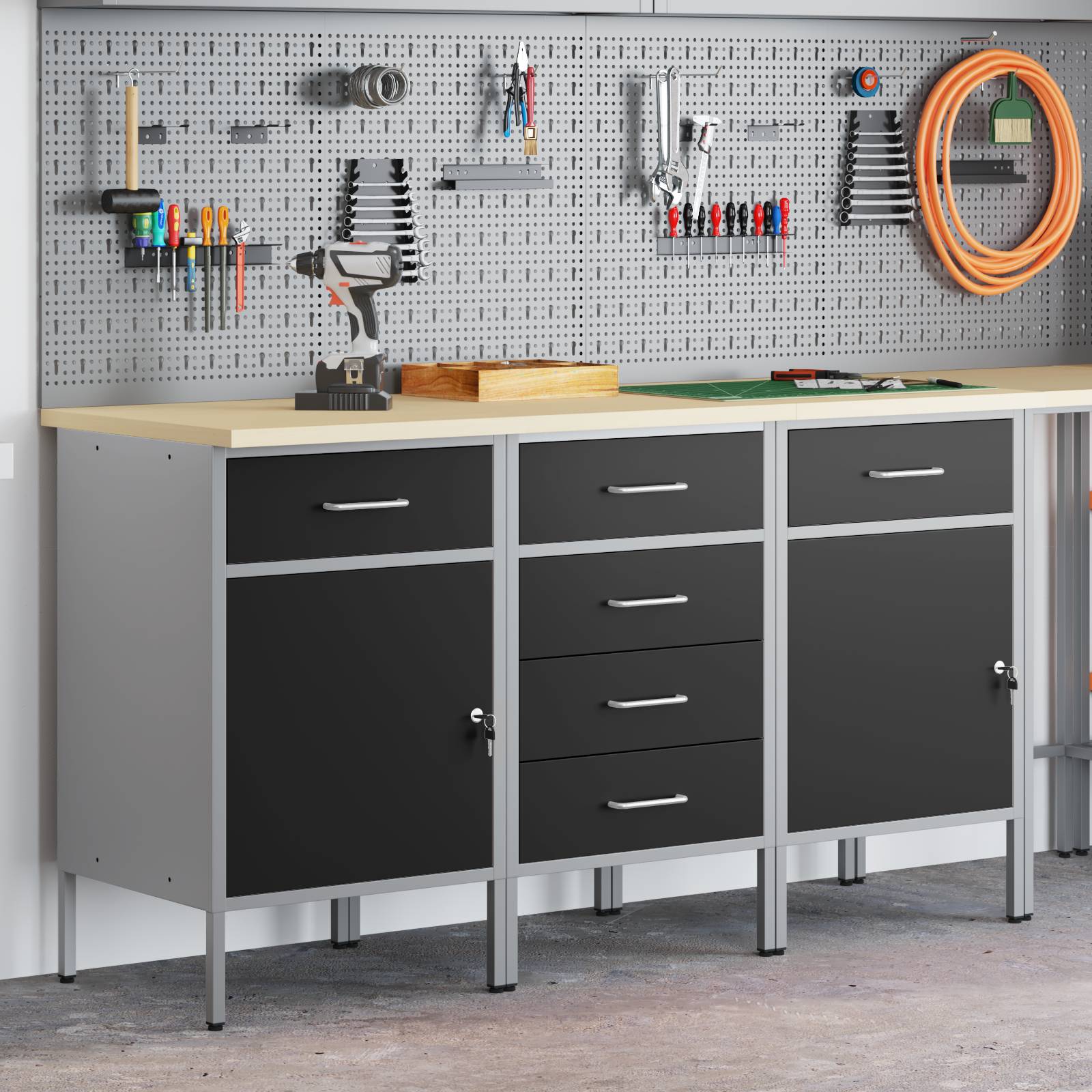 vidaXL 3-teiliges Werkbank-Set in Schwarz und Grau aus Holzwerkstoff und Stahl