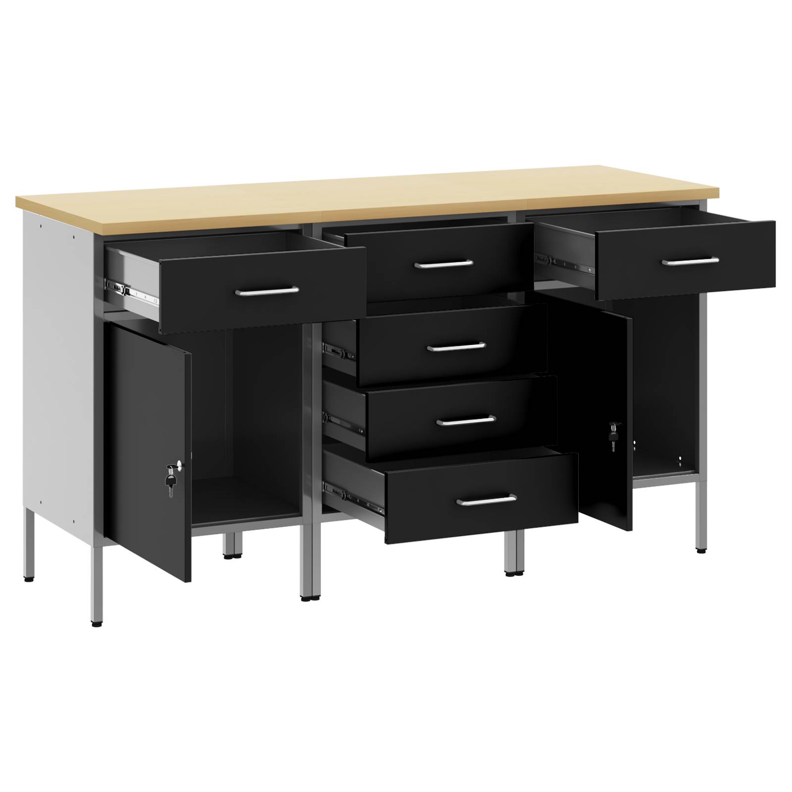 vidaXL 3-teiliges Werkbank-Set in Schwarz und Grau aus Holzwerkstoff und Stahl