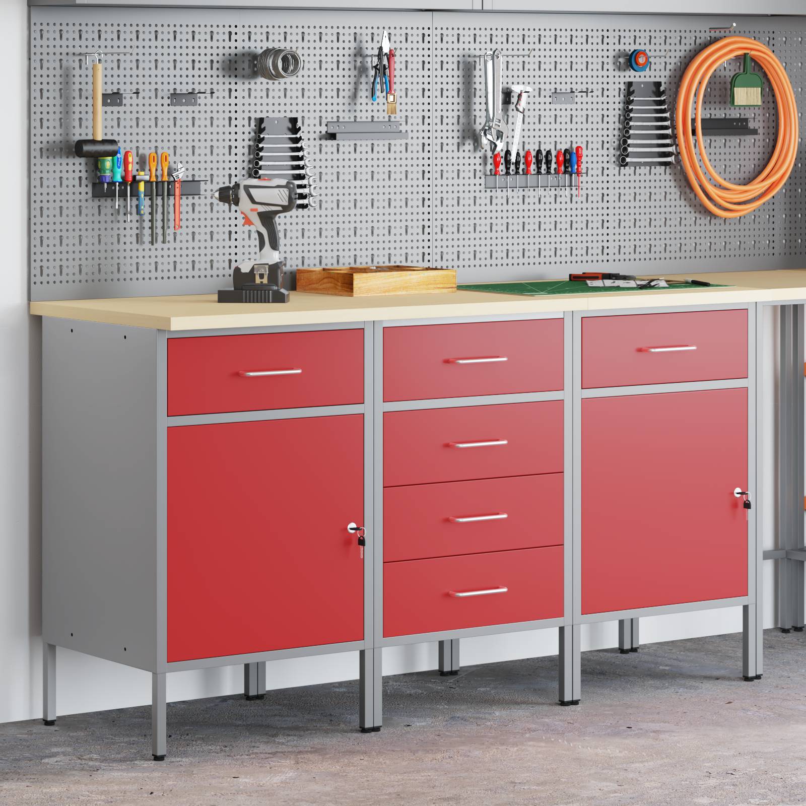 vidaXL 3-teiliges Werkstattschrank-Set in Rot und Grau aus Holzwerkstoff und Stahl