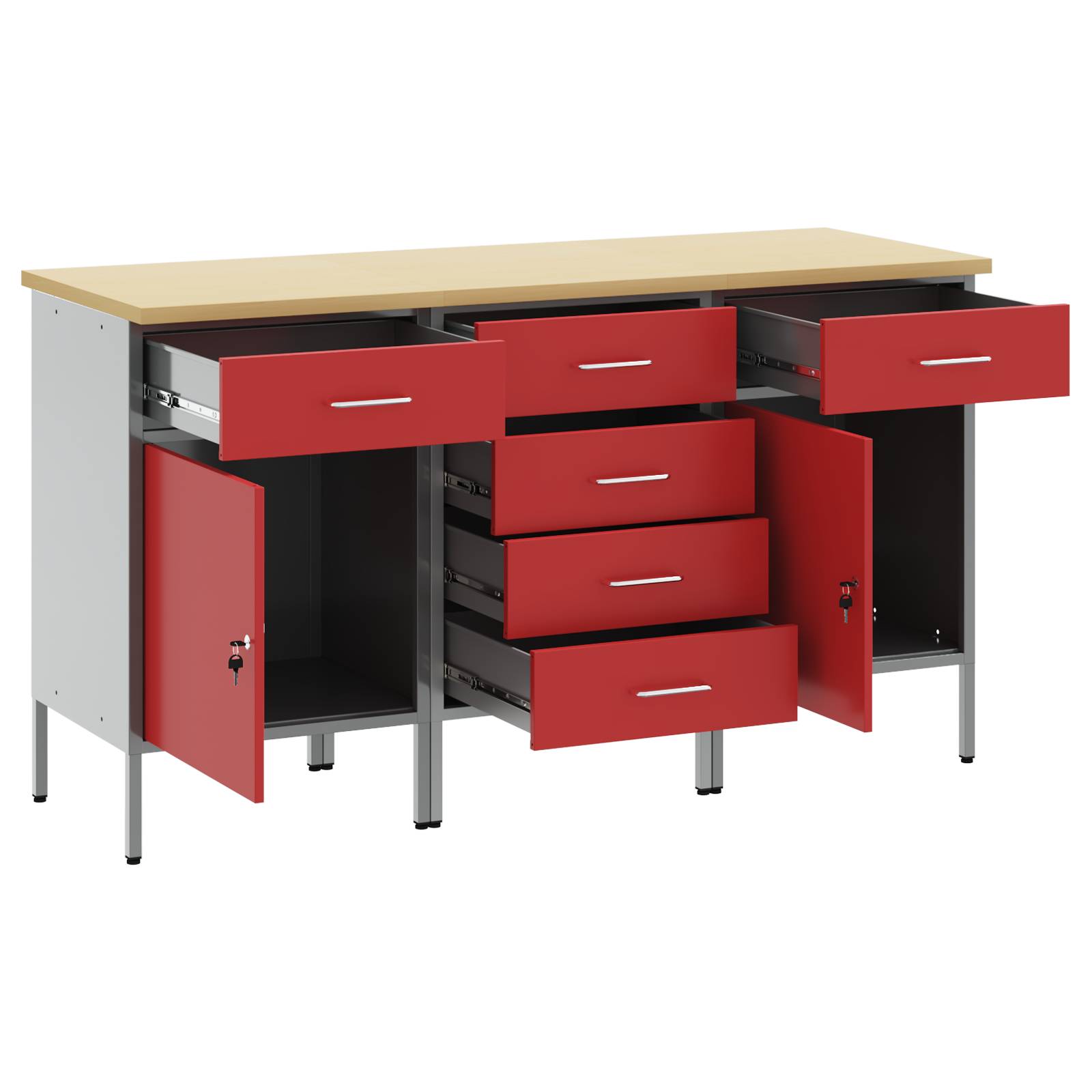vidaXL 3-teiliges Werkstattschrank-Set in Rot und Grau aus Holzwerkstoff und Stahl