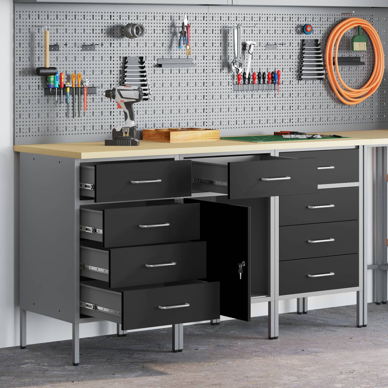vidaXL 3-tlg. Werkstattschrank-Set Schwarz Grau Holzwerkstoff Stahl