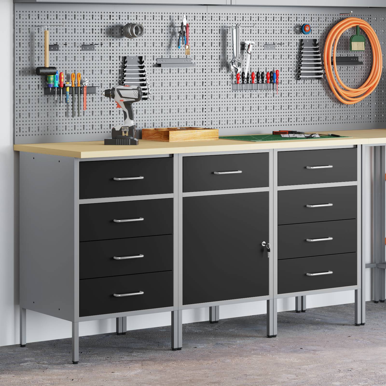 vidaXL 3-tlg. Werkstattschrank-Set Schwarz Grau Holzwerkstoff Stahl