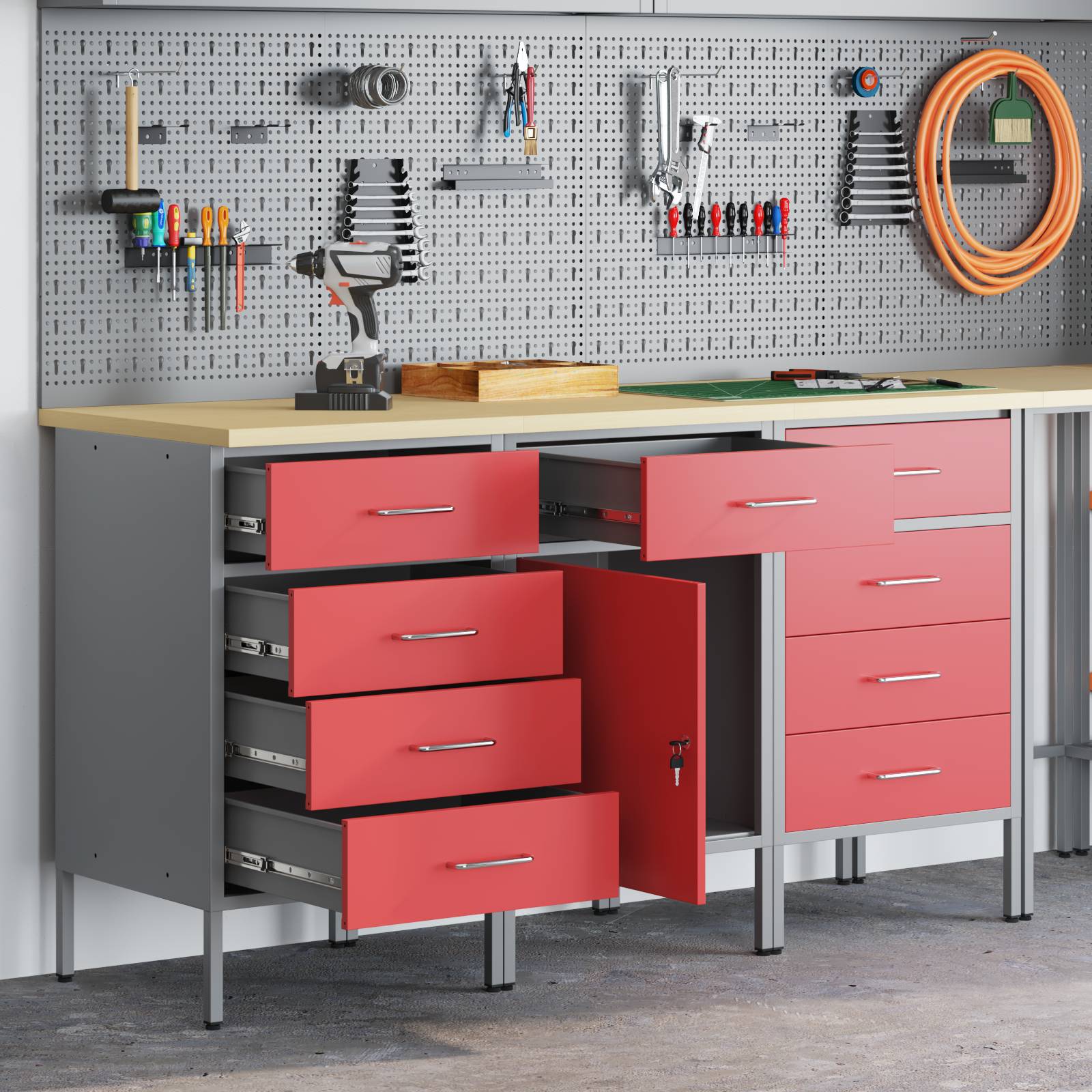 vidaXL 3-tlg. Werkstattschrank-Set Rot und Grau Holzwerkstoff Stahl