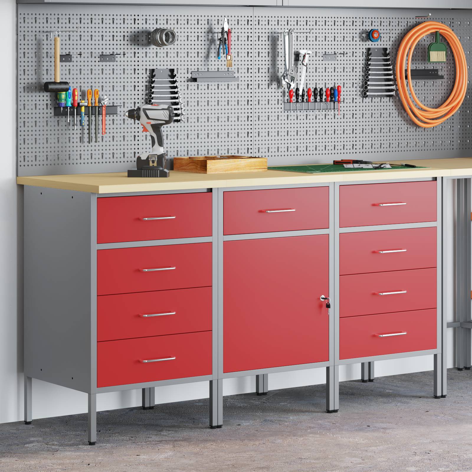 vidaXL 3-tlg. Werkstattschrank-Set Rot und Grau Holzwerkstoff Stahl