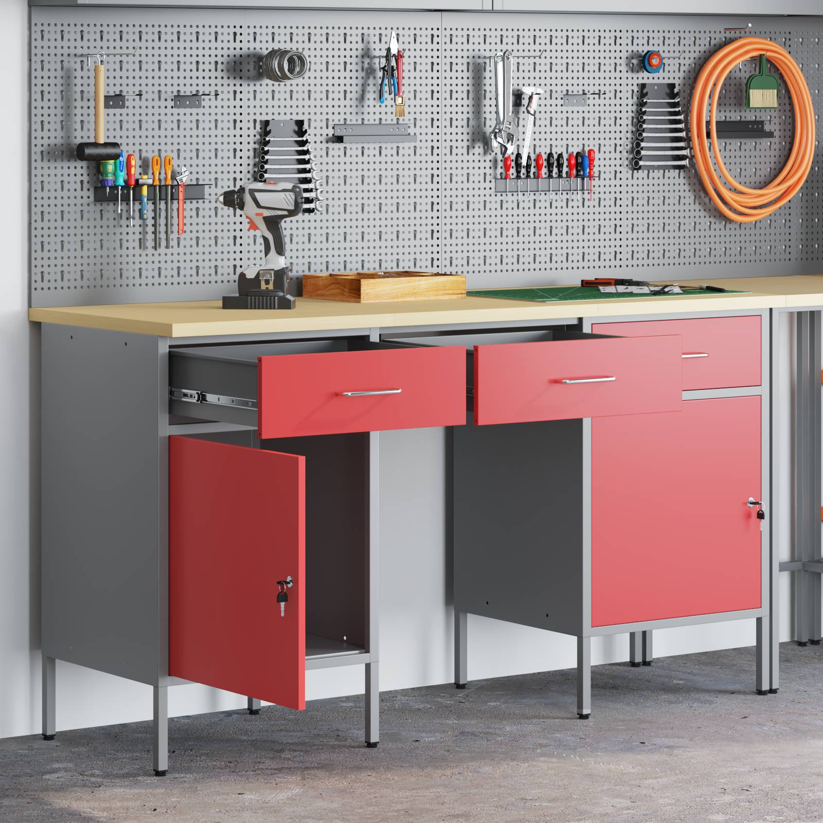 vidaXL 3-tlg. Werkstatteinrichtung-Set Rot Holzwerkstoff und Stahl