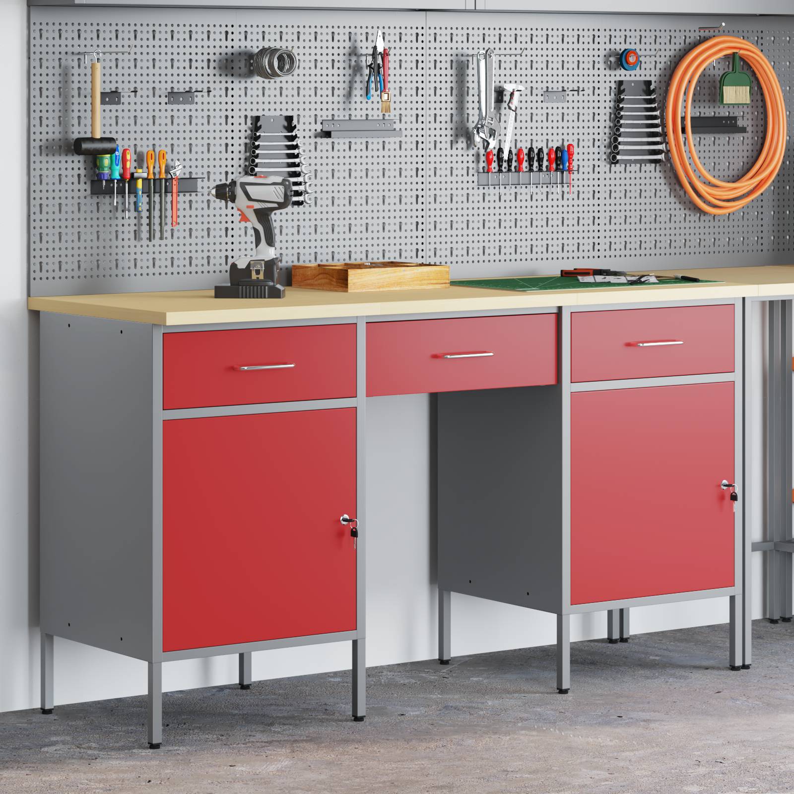 vidaXL 3-tlg. Werkstatteinrichtung-Set Rot Holzwerkstoff und Stahl