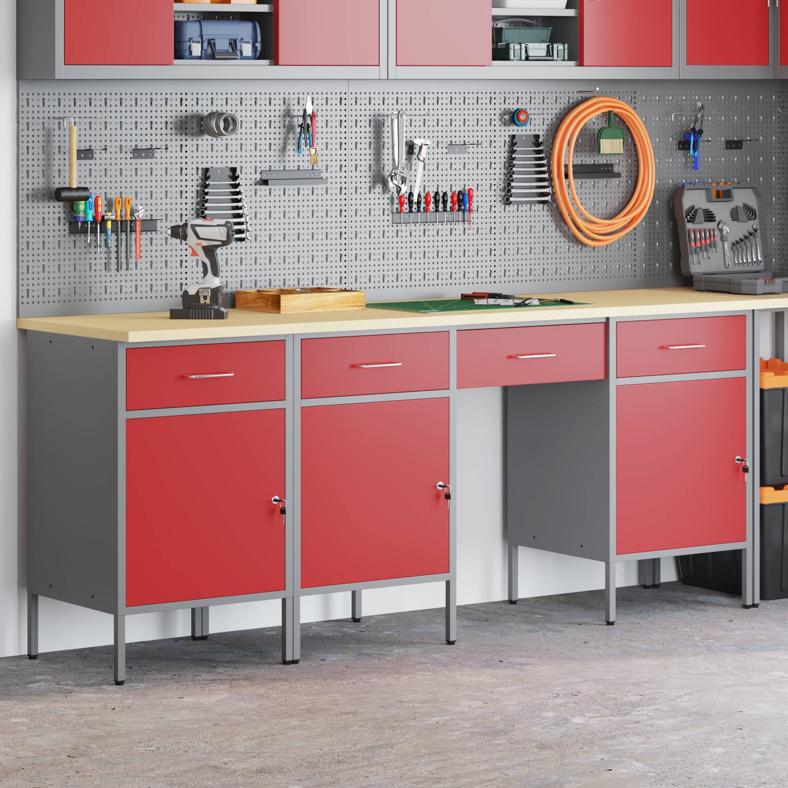 vidaXL 4-tlg. Werkstatteinrichtung-Set Rot Holzwerkstoff und Stahl