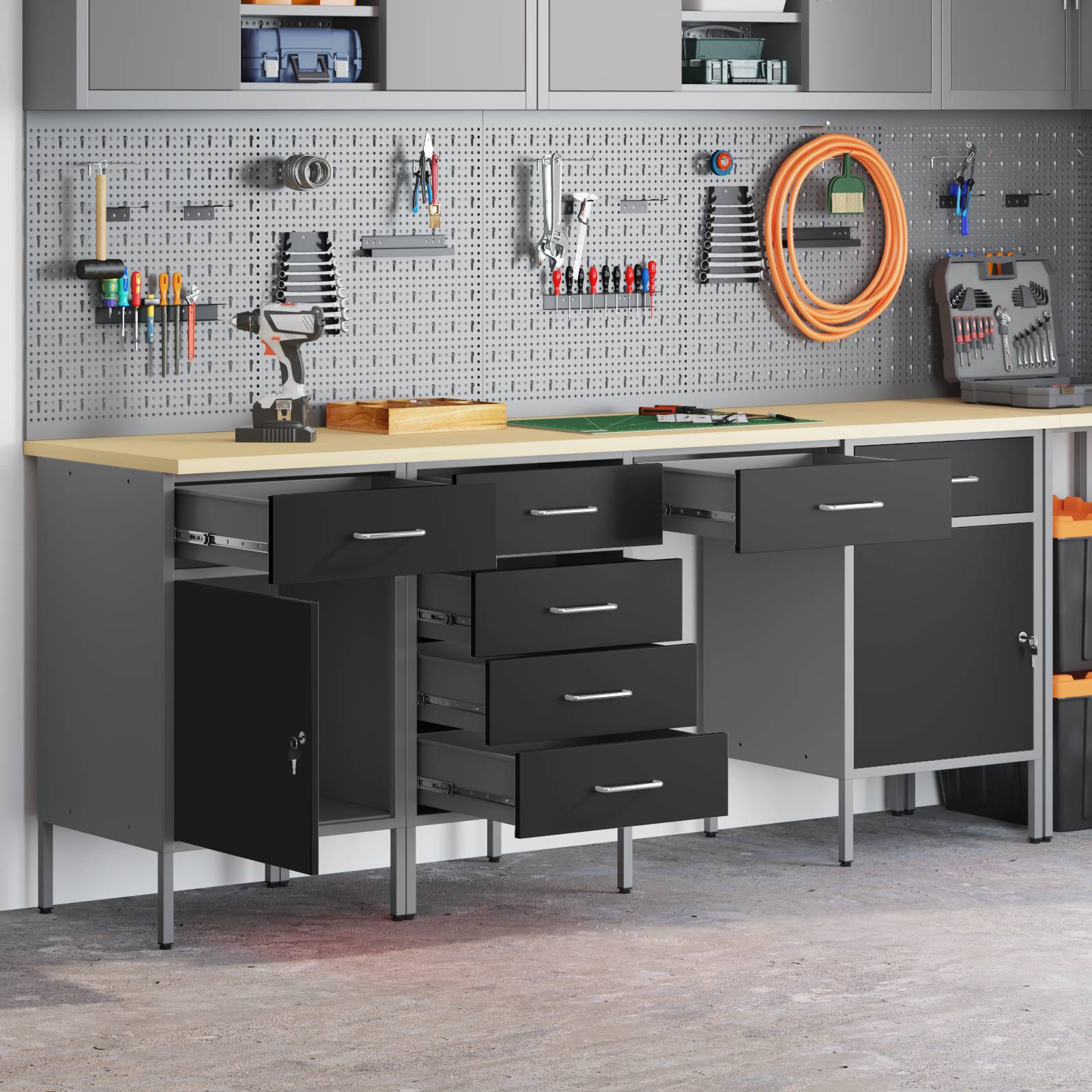 vidaXL 4-tlg. Werkstatteinrichtung-Set Schwarz Holzwerkstoff und Stahl
