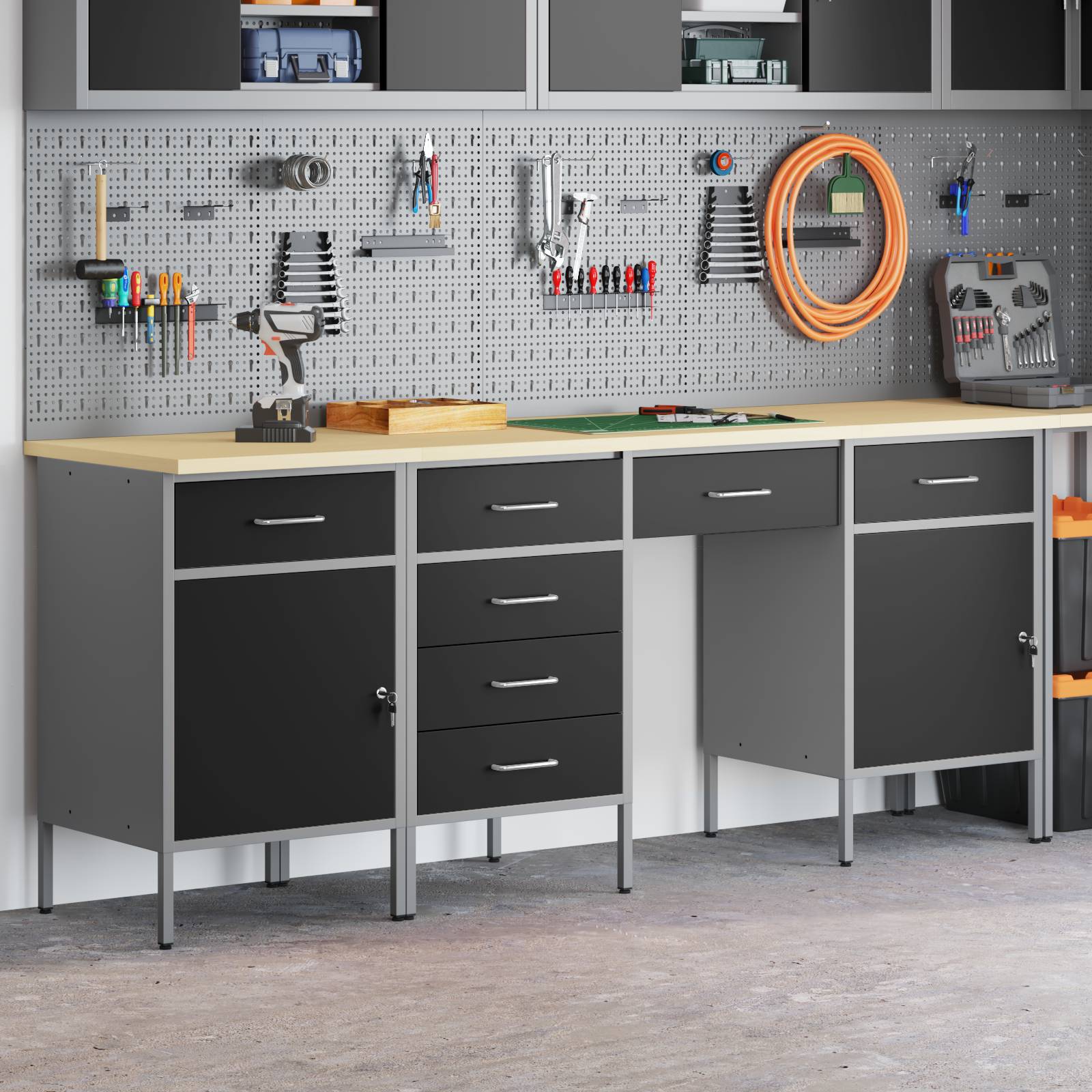 vidaXL 4-tlg. Werkstatteinrichtung-Set Schwarz Holzwerkstoff und Stahl