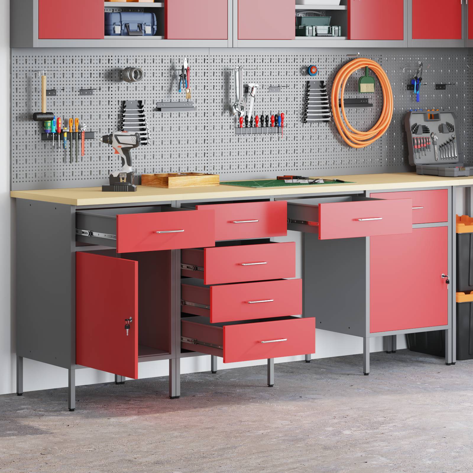 vidaXL 4-teiliges Set aus Arbeitskabine und Tisch, rot, Melamin und Stahl