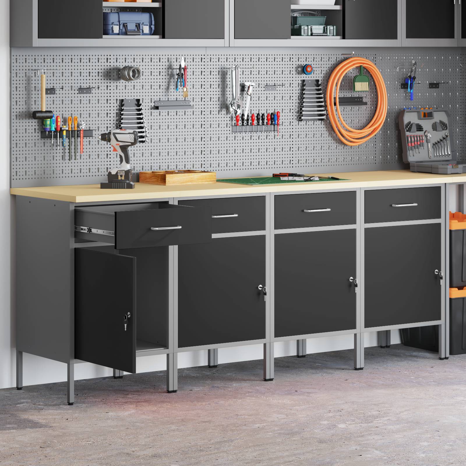 vidaXL Werkstattschränke 4 Stk. Schwarz und Grau Holzwerkstoff Stahl