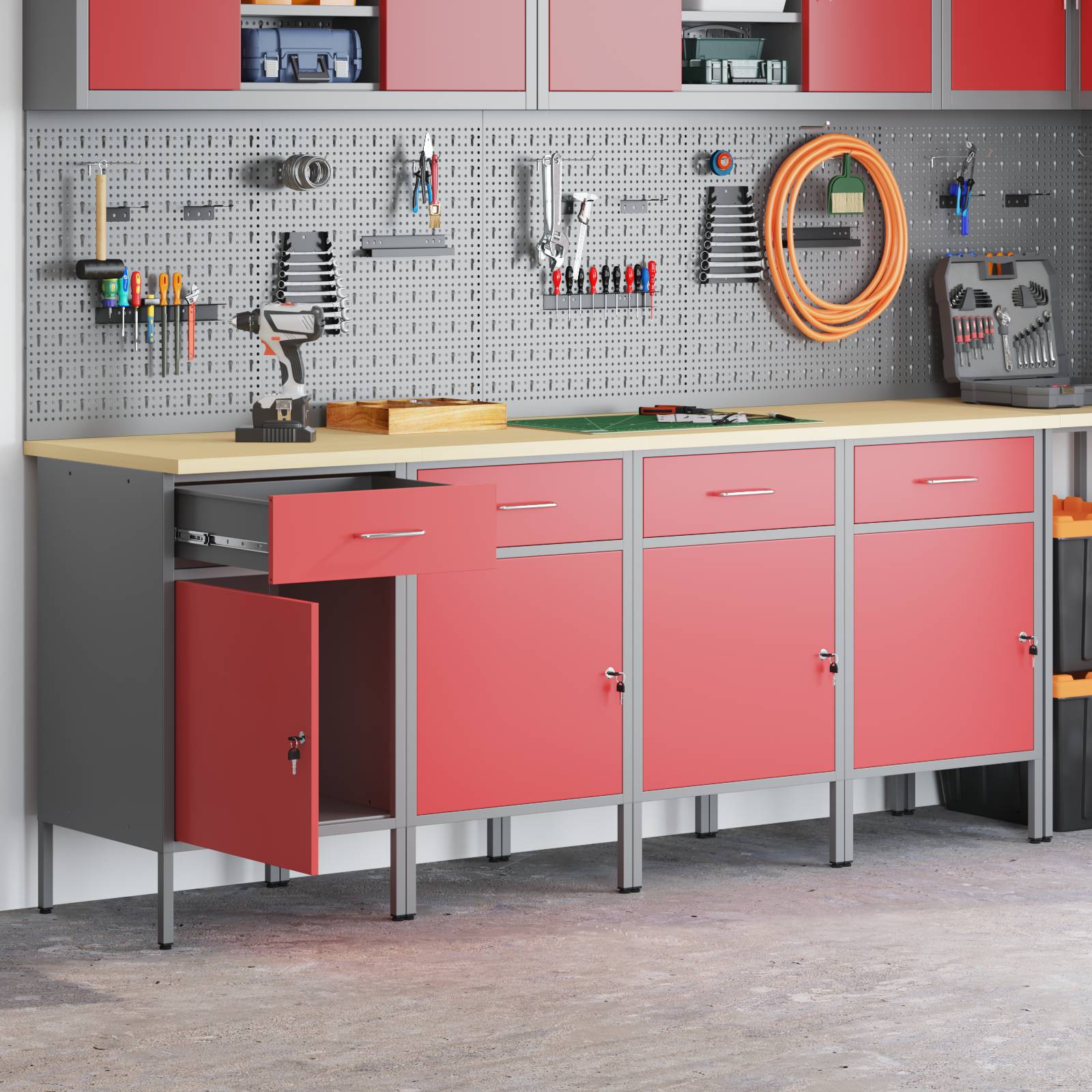 vidaXL Werkbank 4-teilig in Rot und Grau aus Holzwerkstoff und Stahl