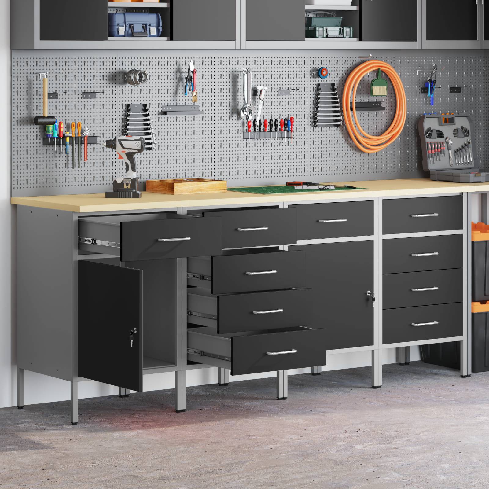 vidaXL 4-teiliges Werkstatt-Schrank-Set in Schwarz und Grau aus Holzwerkstoff und Stahl