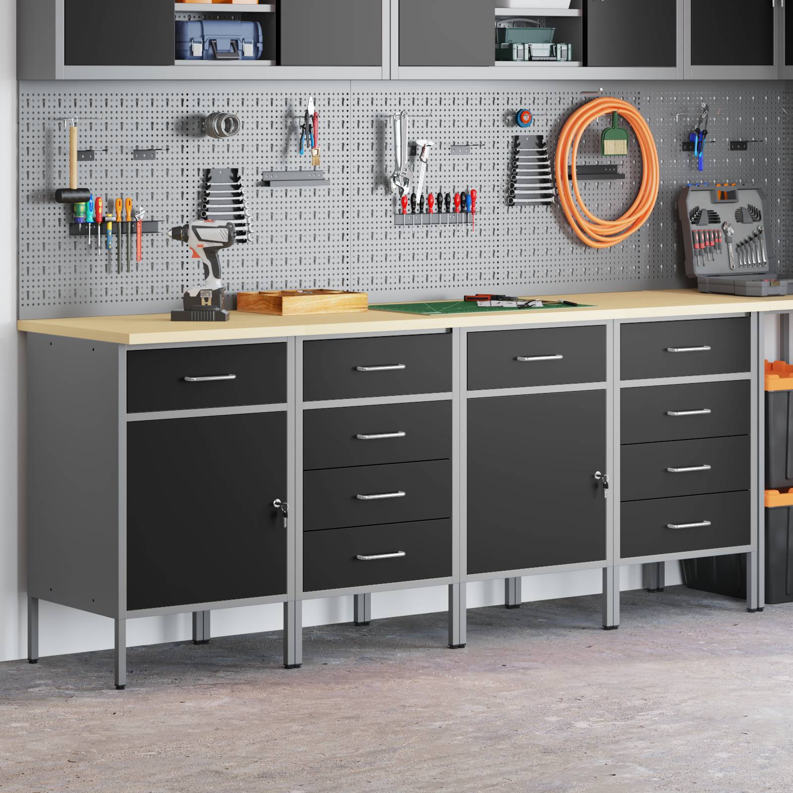 vidaXL 4-teiliges Werkstatt-Schrank-Set in Schwarz und Grau aus Holzwerkstoff und Stahl