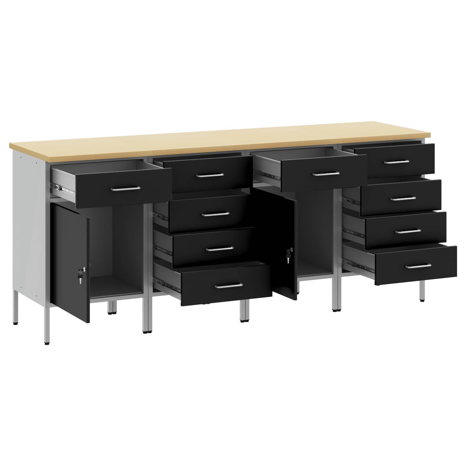 vidaXL 4-teiliges Werkstatt-Schrank-Set in Schwarz und Grau aus Holzwerkstoff und Stahl