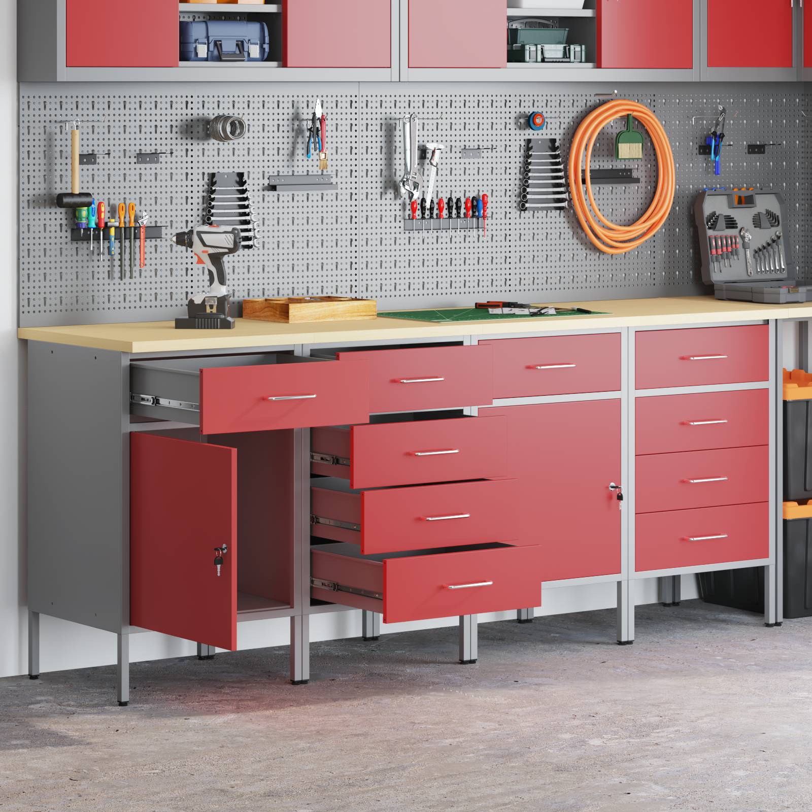 vidaXL 4-teiliges Werkstatt-Schrankset in Rot und Grau aus Holzwerkstoff und Stahl