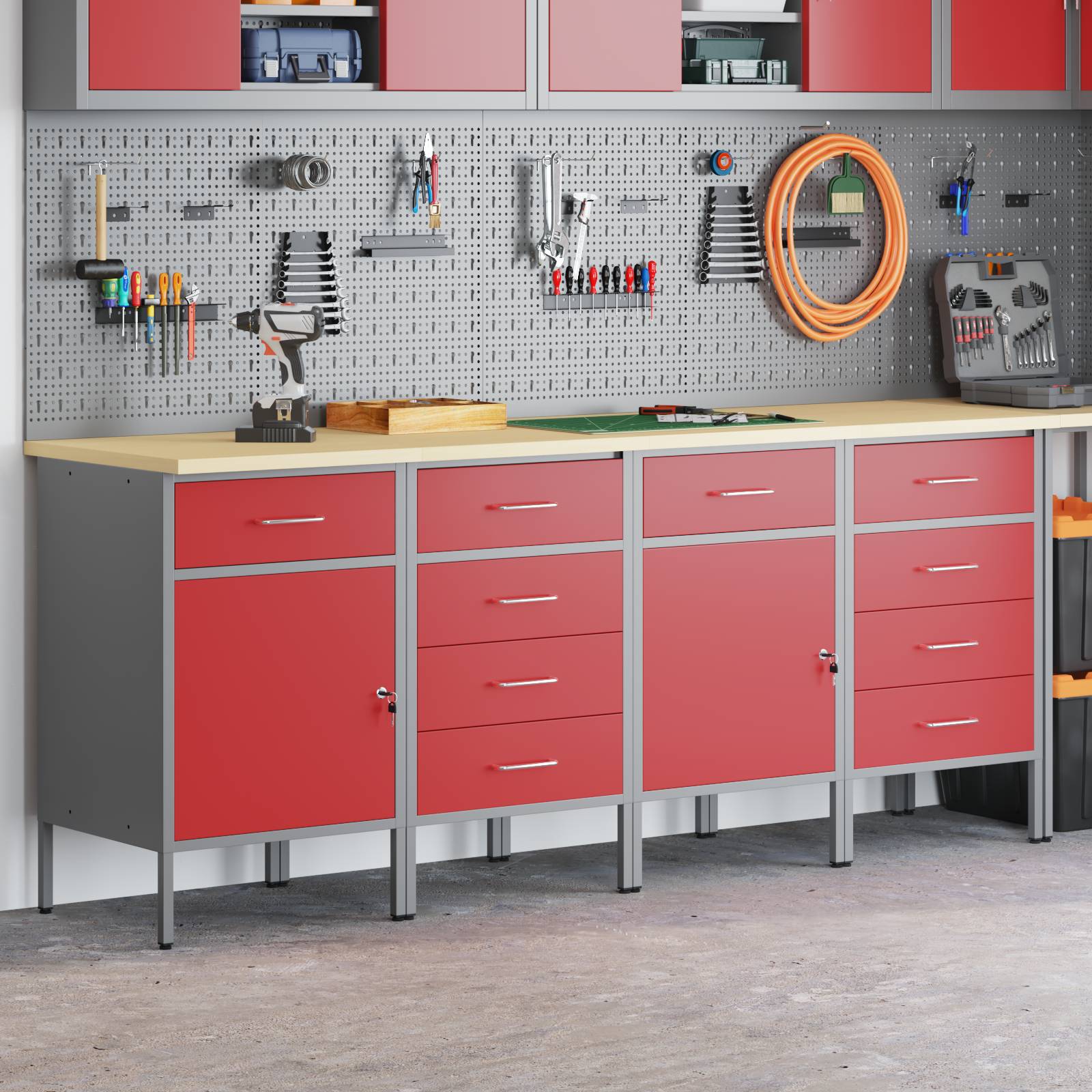 vidaXL 4-teiliges Werkstatt-Schrankset in Rot und Grau aus Holzwerkstoff und Stahl