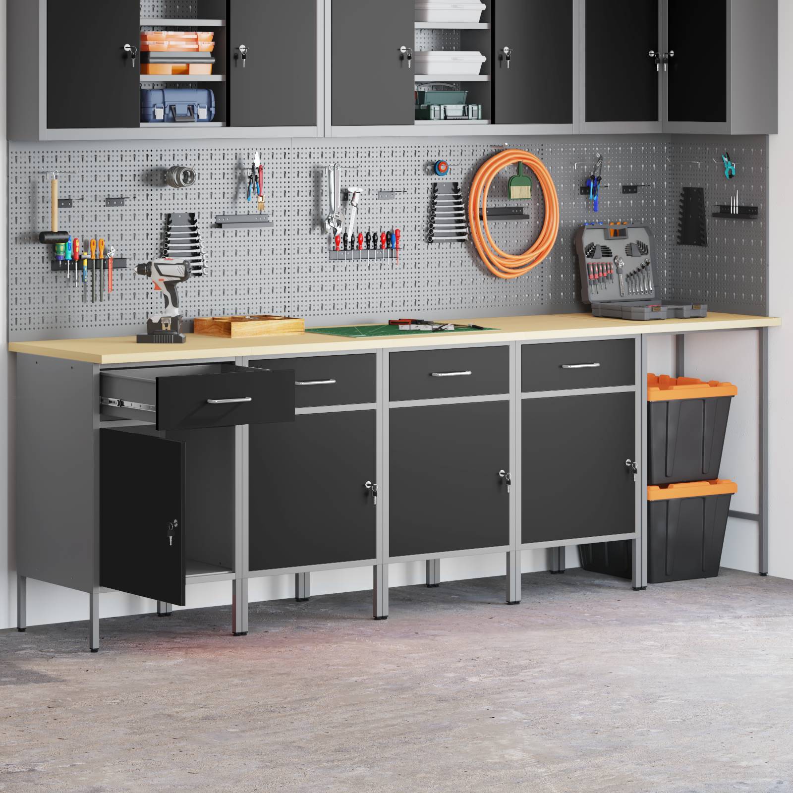 vidaXL 5-tlg. Werkstatteinrichtung-Set Schwarz Holzwerkstoff