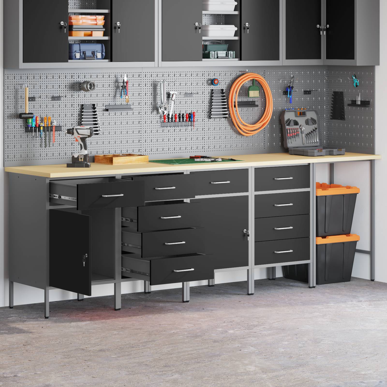 vidaXL 5-tlg. Werkstatteinrichtung-Set Schwarz Holzwerkstoff