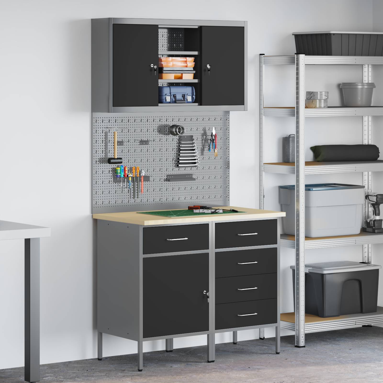 vidaXL 5-tlg. Werkbank-Set Schwarz Stahl
