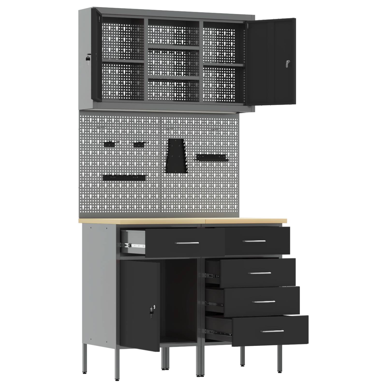 vidaXL 5-tlg. Werkbank-Set Schwarz Stahl