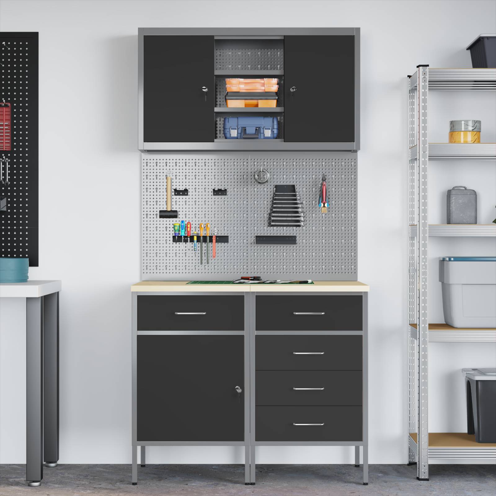 vidaXL 5-tlg. Werkbank-Set Schwarz Stahl