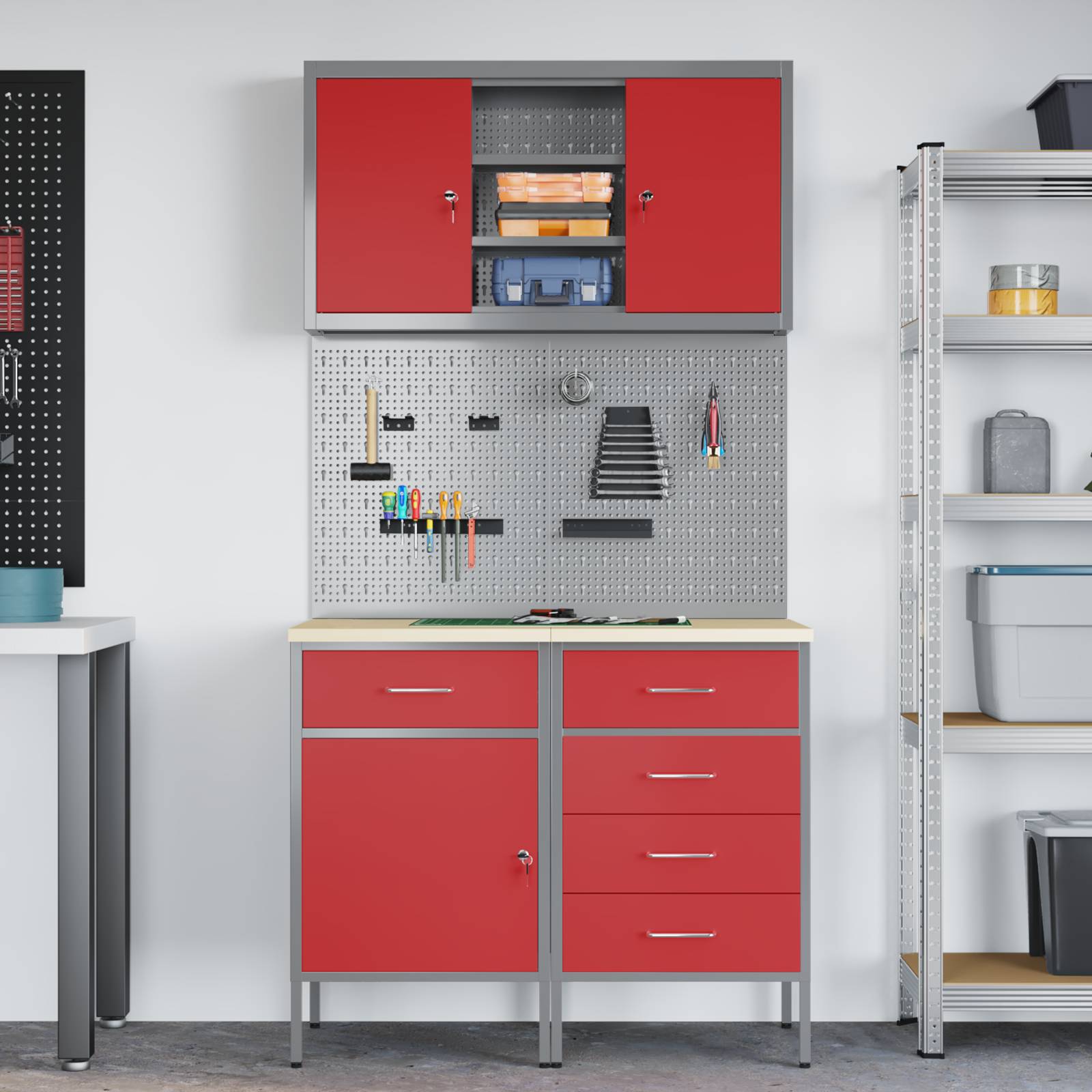 vidaXL 5-tlg. Werkbank-Set Rot Stahl